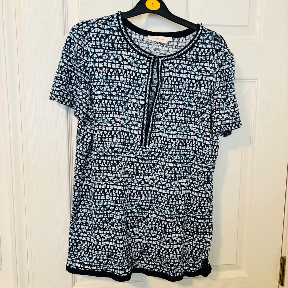 Tory Burch Navy and White Textured Top
